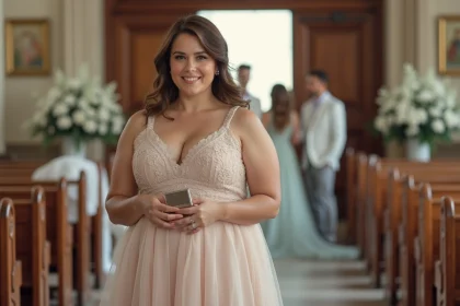 Femme confiante en robe pastel lors d'un bapt&ecirc;me