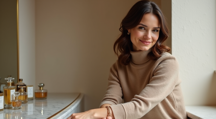 Femme élégante en pull laine et bijoux fins