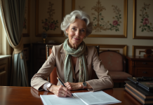 Foulards Hermès : secrets et savoir-faire d’une marque d’exception Femme élégante ajustant un foulard en soie dans un décor parisien