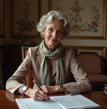 Femme élégante ajustant un foulard en soie dans un décor parisien