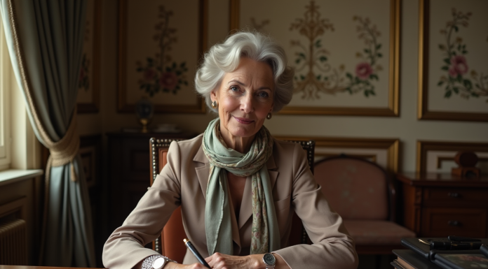 Femme élégante ajustant un foulard en soie dans un décor parisien