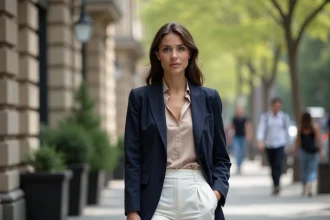 Femme élégante en blazer navy dans une ville urbaine