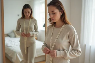 Femme mesurant son tour de poitrine avec un mètre ruban pour utiliser le guide des tailles Uniqlo