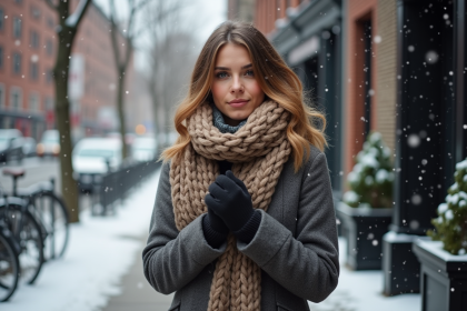 Femme en manteau d'hiver ajustant ses gants dans la neige urbaine