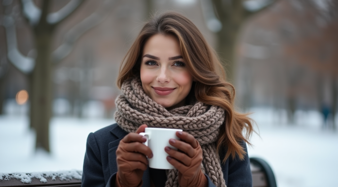 Femme élégante en manteau d'hiver dans un parc enneige