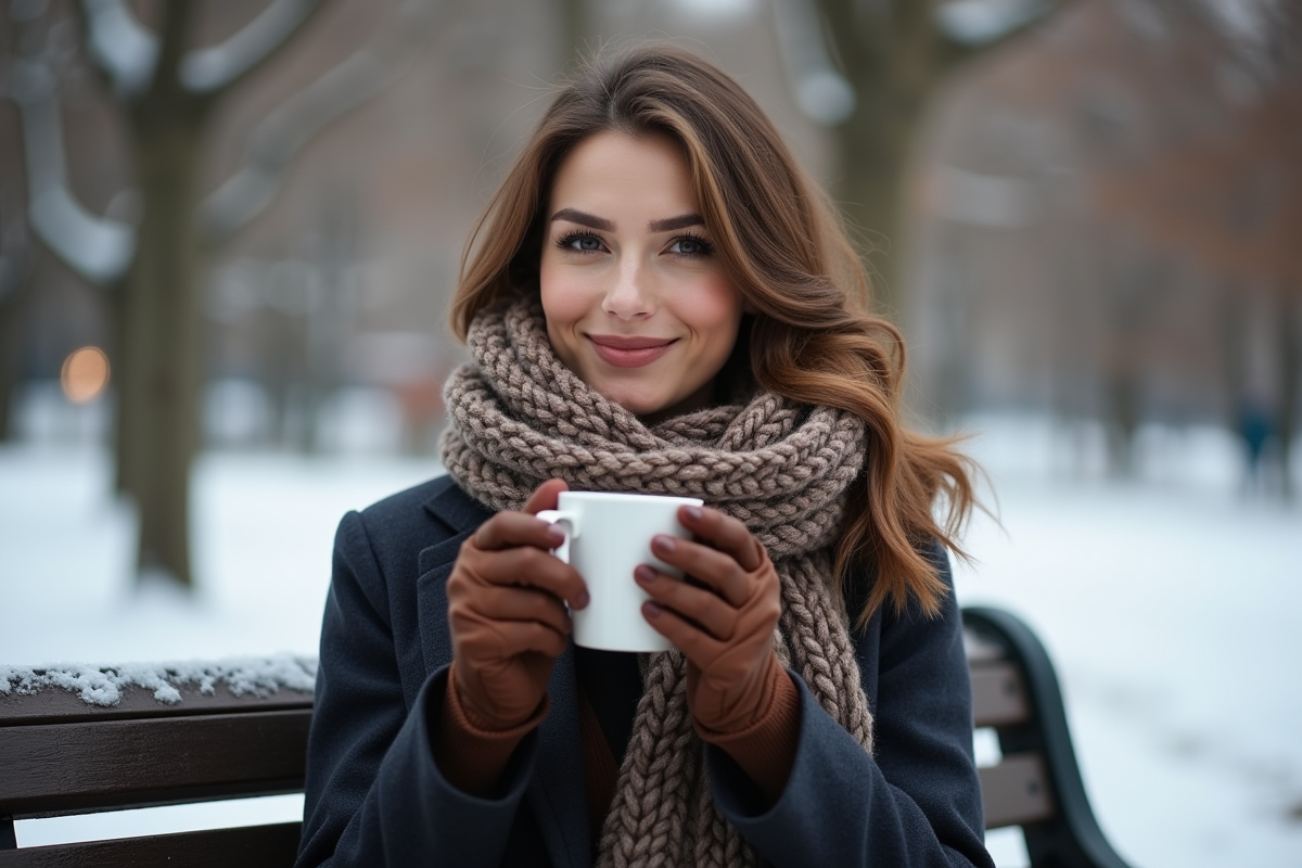 Femme élégante en manteau d'hiver dans un parc enneige