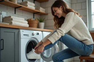 Jeune femme sortant des sneakers du lave-linge dans la buanderie