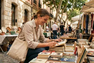 Femme fouillant des livres d'occasion sur un stand de la grande braderie de Montpellier