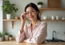Adoucir le visage : quelle couleur de monture de lunettes choisir ? Femme ajustant ses lunettes roses en intérieur cosy