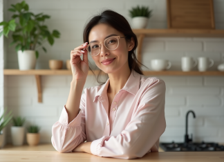 Femme ajustant ses lunettes roses en intérieur cosy