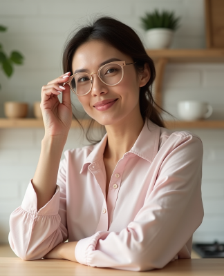 Femme ajustant ses lunettes roses en intérieur cosy