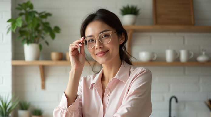 Femme ajustant ses lunettes roses en intérieur cosy