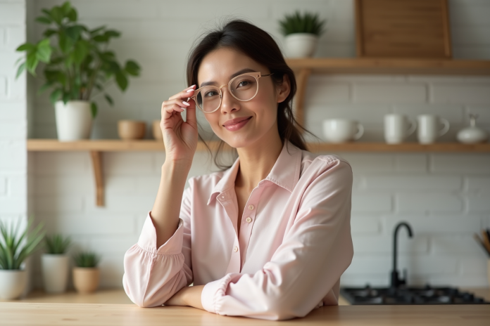 femme-lunettes-roses-pastel Femme ajustant ses lunettes roses en intérieur cosy