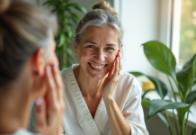 Femme d'âge moyen se massant le visage devant un miroir avec plantes vertes