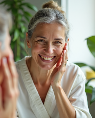 Femme d'âge moyen se massant le visage devant un miroir avec plantes vertes