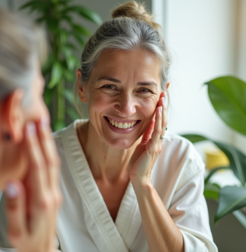 Femme d'âge moyen se massant le visage devant un miroir avec plantes vertes
