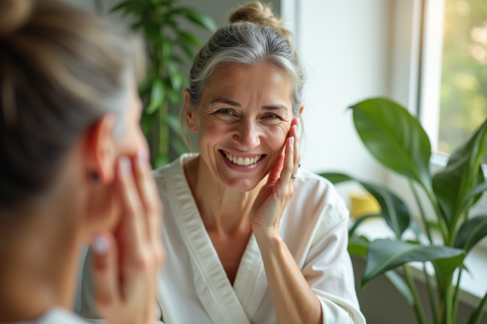 femme-massage-visage-naturel Femme d'âge moyen se massant le visage devant un miroir avec plantes vertes
