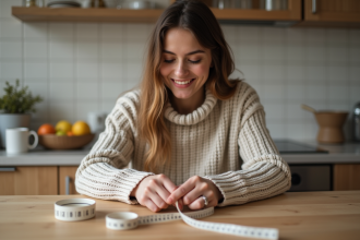 Jeune femme mesurant son tissu avec un ruban dans la cuisine
