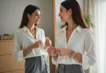 Femme élégante regardant son reflet avec bijoux en main