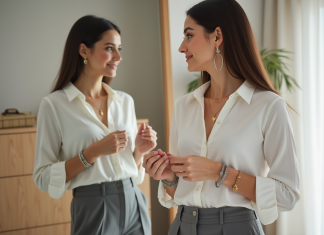 Femme élégante regardant son reflet avec bijoux en main