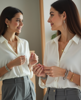 Femme élégante regardant son reflet avec bijoux en main