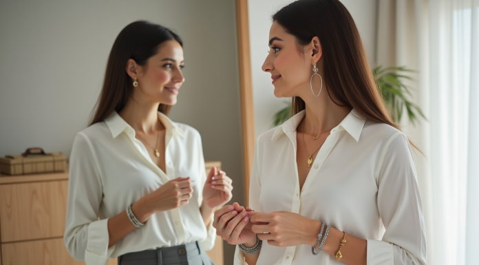 Femme élégante regardant son reflet avec bijoux en main