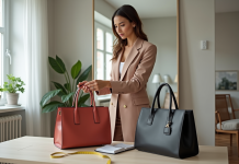 Femme élégante devant miroir compare sacs à main
