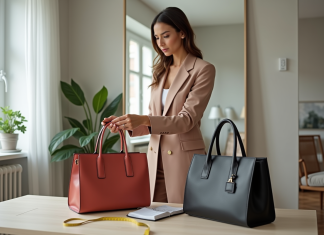 Femme élégante devant miroir compare sacs à main