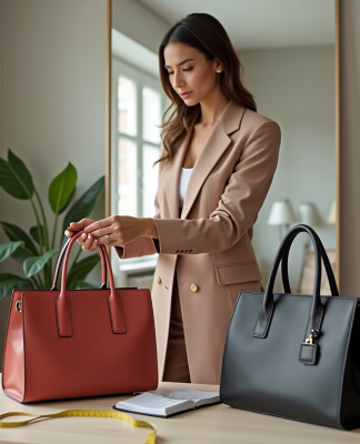 Femme élégante devant miroir compare sacs à main