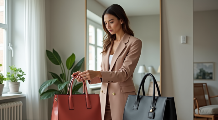 Femme élégante devant miroir compare sacs à main