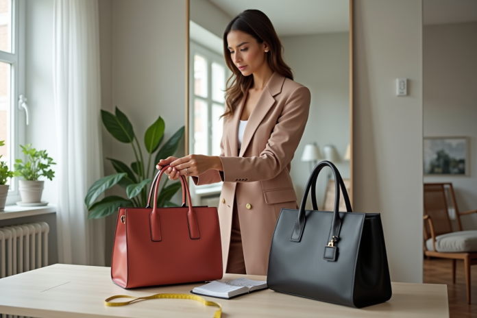 Femme élégante devant miroir compare sacs à main
