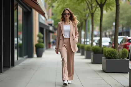 Femme &eacute;l&eacute;gante en blazer pastel marche en ville