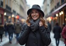 Femme élégante en manteau d'hiver et chapeau dans une ville