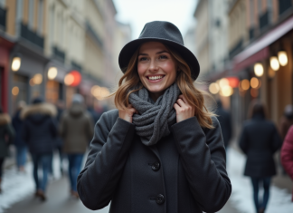 Femme élégante en manteau d'hiver et chapeau dans une ville