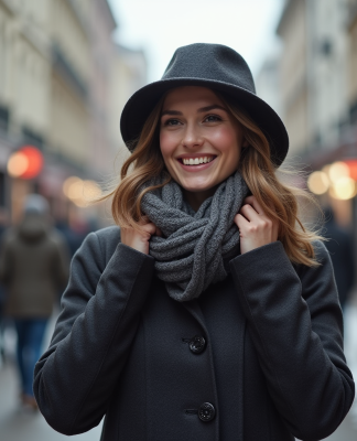 Femme élégante en manteau d'hiver et chapeau dans une ville