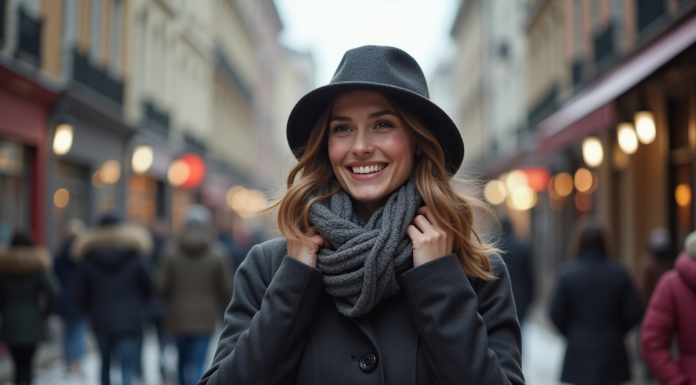 Femme élégante en manteau d'hiver et chapeau dans une ville