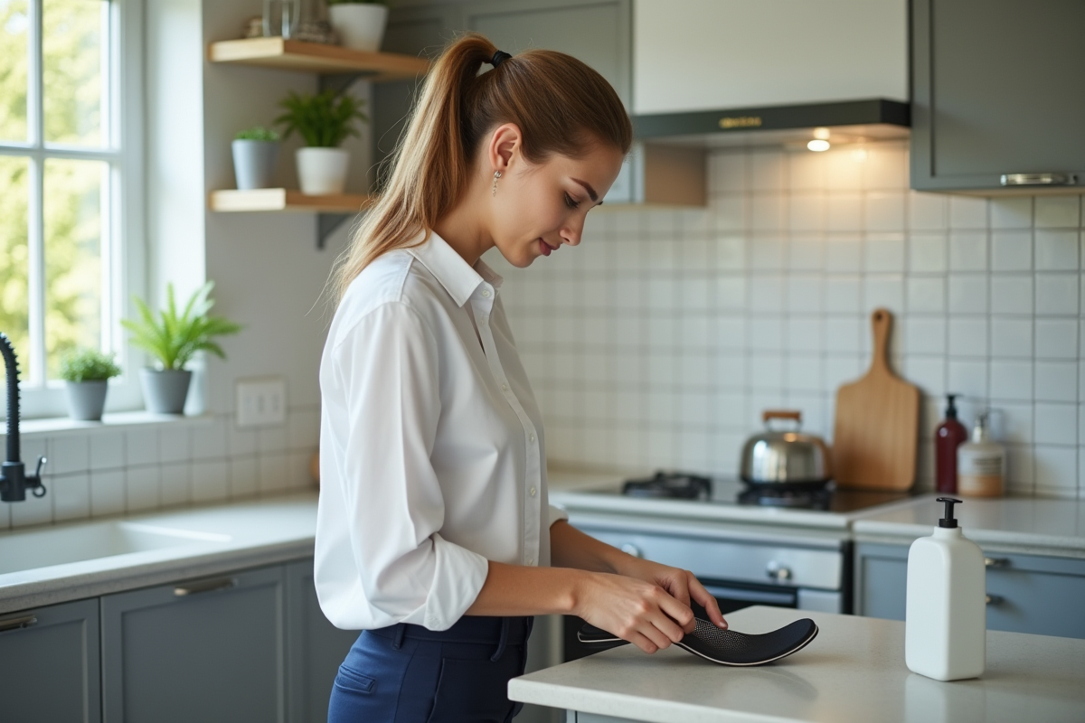 Jeune femme nettoyant une semelle dans la cuisine lumineuse