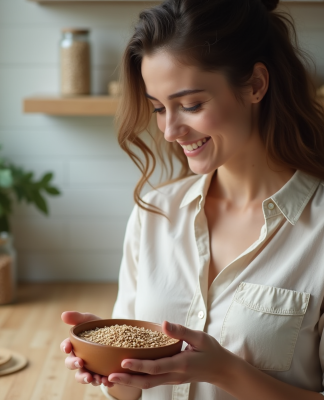 Femme souriante examine noix et graines dans la cuisine