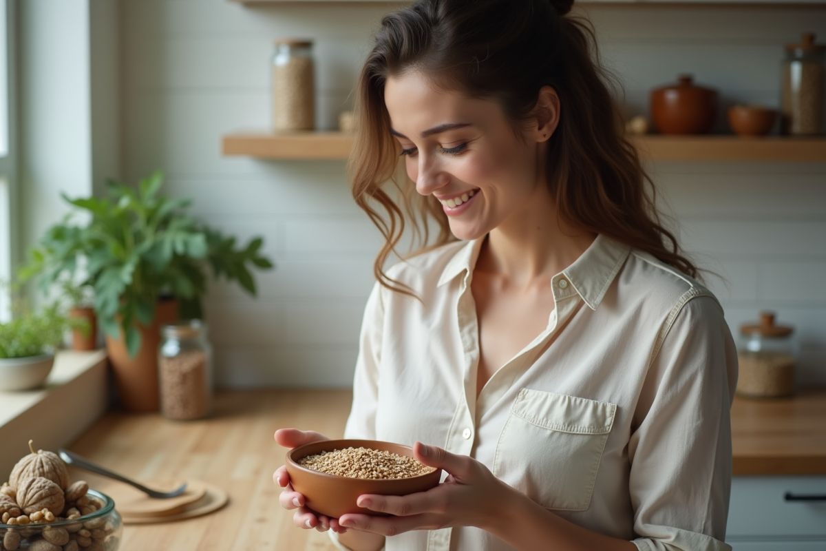 Femme souriante examine noix et graines dans la cuisine