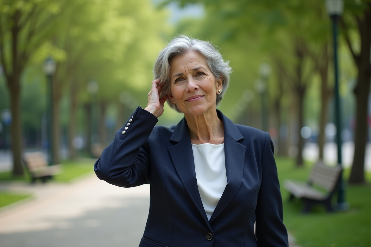 Femme confiante dans un parc urbain avec coiffure courte