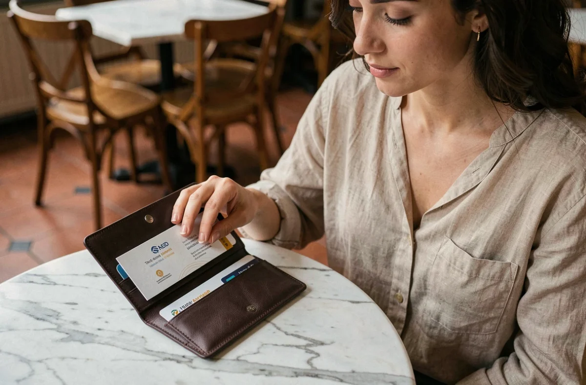 Femme en blouse beige choisissant une carte de visite dans un porte-carte en cuir marron posé sur une table en marbre dans un café