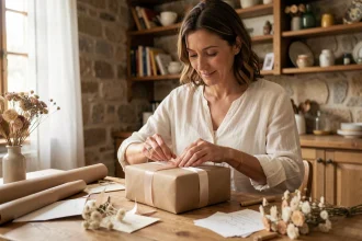 Femme préparant un cadeau mémorable avec soin dans un appartement parisien chaleureux