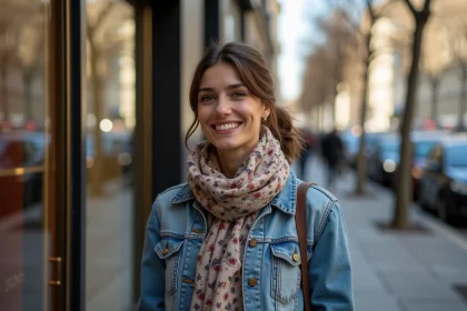 Femme souriante en denim &agrave; rue Montaigne Paris
