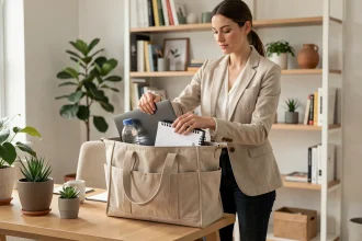 Femme organisant ses affaires dans un grand sac pratique structuré à compartiments multiples dans un bureau moderne