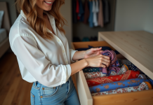 Femme choisissant une echarpe en soie dans un dressing moderne