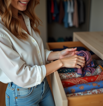 Femme choisissant une echarpe en soie dans un dressing moderne