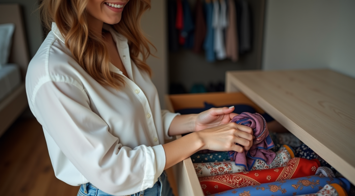 Femme choisissant une echarpe en soie dans un dressing moderne
