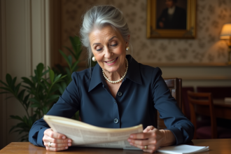 Femme élégante de 70 ans lisant un journal dans un appartement parisien