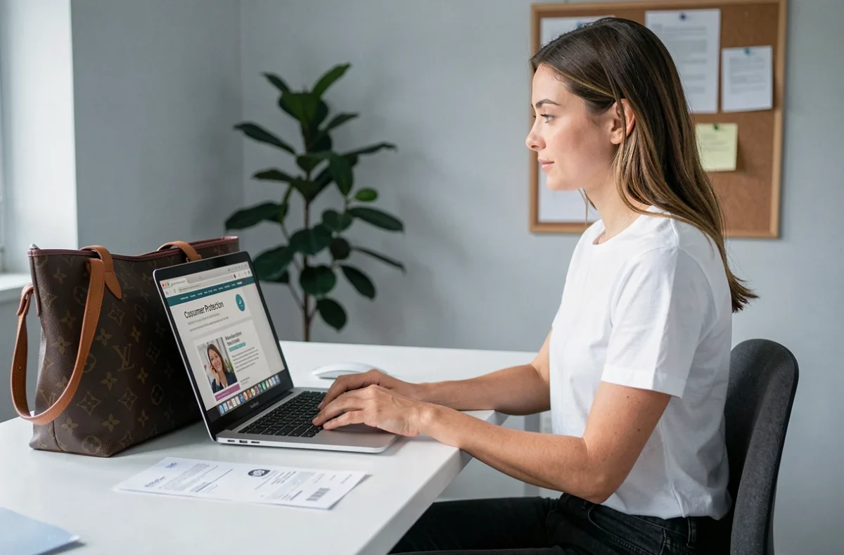 Jeune femme signalant une contrefaçon Louis Vuitton sur un site de protection des consommateurs depuis son bureau à domicile