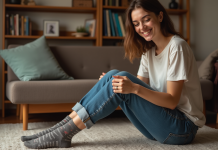 Jeune femme assise sur un banc en intérieur avec chaussettes assorties